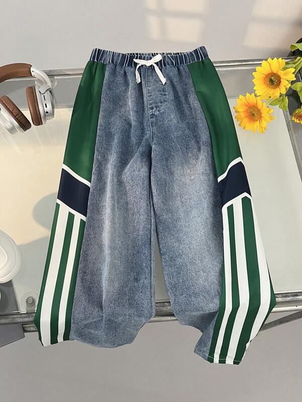 1-Piece: Boys' (Big Kids) Jeans - Casual Striped Sporty Spliced Design Washed Denim Pants. Suitable For Urban Street Style, School Gatherings, Vacation Travel, Outings, And Various Other Occasions In Spring, Summer, And Autumn.
