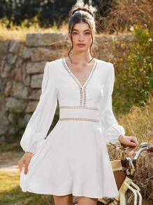 Chiquease Textured Woven Lace Hollow Out Yellow Mini Dress, Spring & Summer Elegant Fashionable Style For Spring Fall - White - View 3