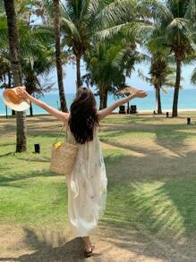 DAZY Women's Ruffled Casual Resort Layered Midi Dress With Embroidery And Mesh, Spring & Summer Sundress - White - View 4