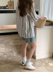 DAZY 女士休闲假日条纹长袖衬衫，夏季