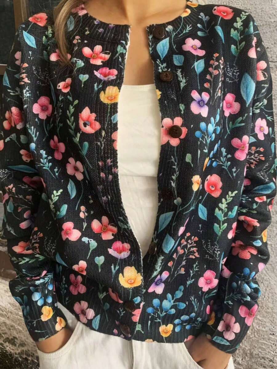 SHEIN LUNE New Women Button-Up Cardigan, Lightweight Casual Long Sleeve Round Neck Floral Print Cardigan Jacket - Black - View 1