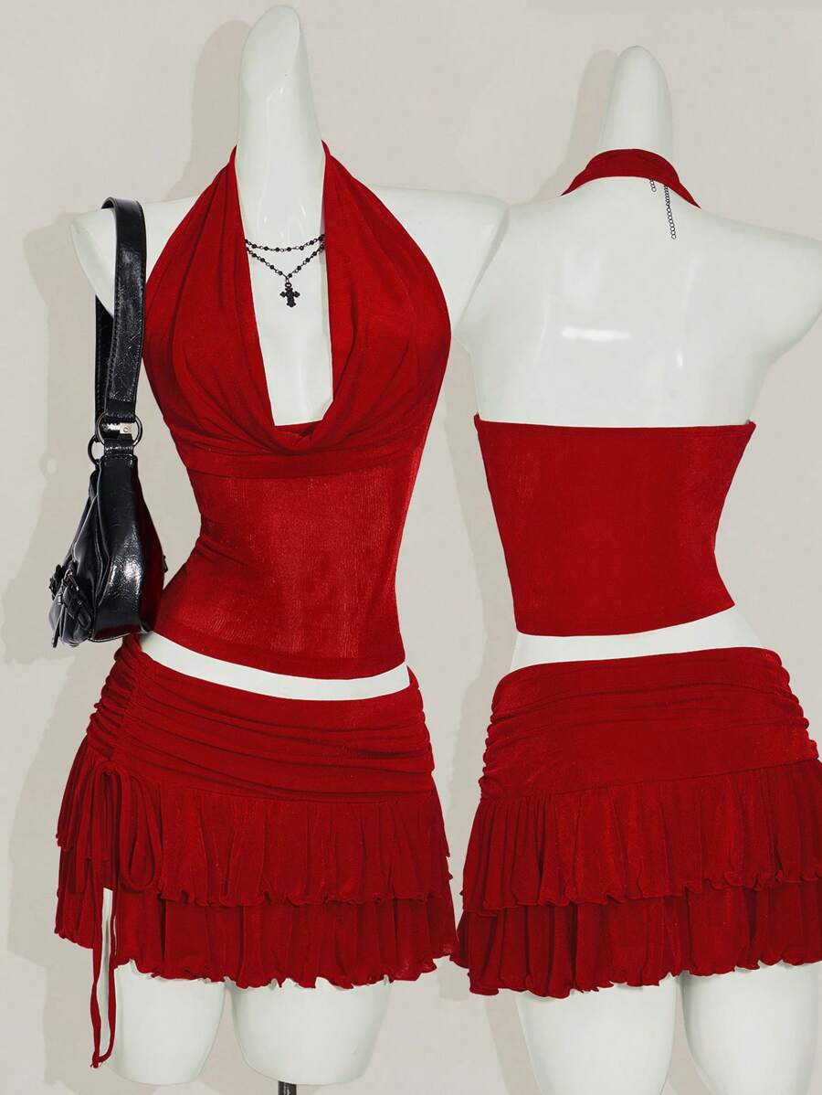 SHEIN ICON 2pcs Women Halter Top + Mini Skirt Set - Red - View 1