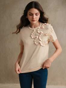 Anewsta 女款白色 3D 花卉弹力圆领短袖 T 恤图案 T 恤女式上衣