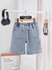 SHEIN Young Boy Summer Retro Casual Patch Loose Fit Baggy Blue Denim Shorts With Side Pocket, Spring Summer Spring Break