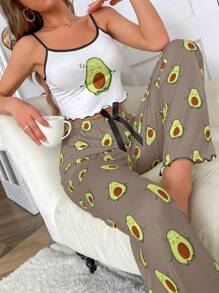 SHEIN Avocado Print Cami Long Pants Pajama Set - Multicolor - View 1