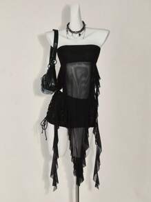 SHEIN ICON 女式 Y2K 性感外出春夏时尚抹胸不对称下摆网眼可爱夏季上衣，透视上衣，抹胸 - 黑色 - 查看 13