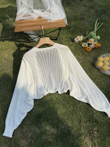 SHEIN Privé Plus Size Vacation Casual Solid Color Hollow-Out Knit Balloon Sleeve Cardigan