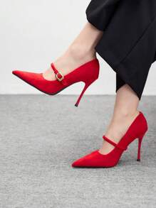 CUCCOO BIZCHIC Women's Fashionable Elegant Simple Solid Color Pointed Toe Back Open High Heel Pumps - Red - View 3