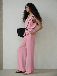 MOTF PREMIUM BELTED CONTRAST TRIM TOP & SLANT POCKET PANTS - Pink - View 3