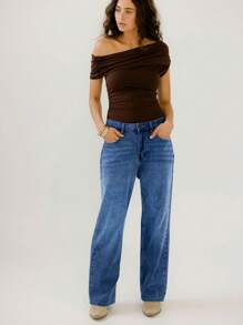 Aralina 女士休闲水洗宽松直筒牛仔裤 - 深色水洗藍 - 查看 5