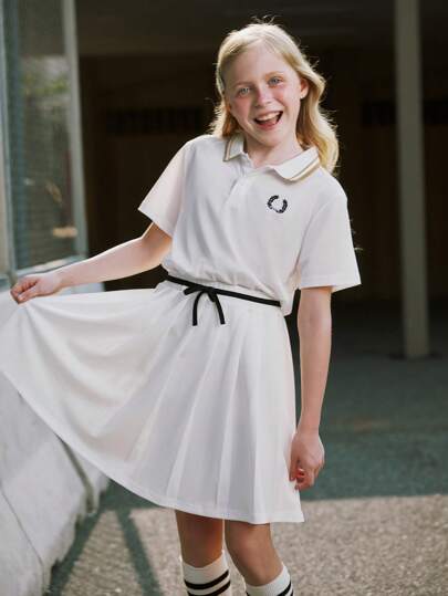 SHEIN Explorewe 2pcs/Set Girls Polo Collar Embroidered T-Shirt And Casual Pleated Skirt