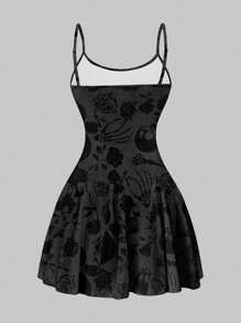 SHEIN SXY 玫瑰骷髅图案休闲迷你吊带背心连衣裙，适合夏季 - 彩色 - 查看 2