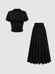 SHEIN Clasi 2 stuks Plus Size Elegante Forensen Effen Kleur Staande Kraag Gerimpelde Korte Mouw Top En Rok Set