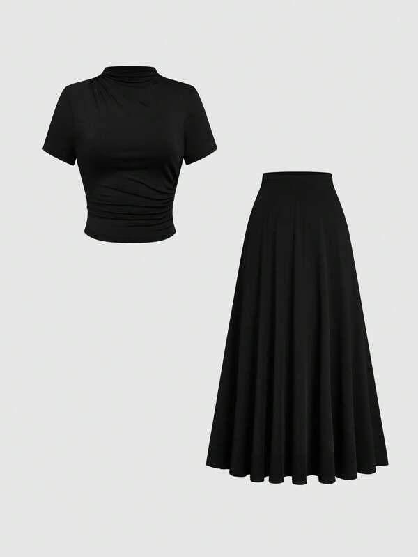 SHEIN Clasi 2 stuks Plus Size Elegante Forensen Effen Kleur Staande Kraag Gerimpelde Korte Mouw Top En Rok Set