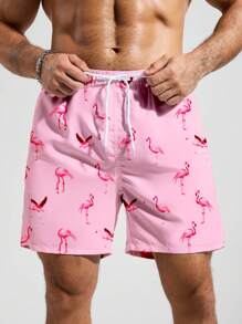 Surfspeed Men's Flamingo Print Drawstring Waist Beach Shorts (Print Style Random),Hawaiian