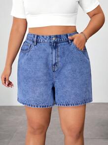 SHEIN EZwear 大码夏季休闲斜口袋宽松直筒牛仔短裤 - 藍色 - 查看 3