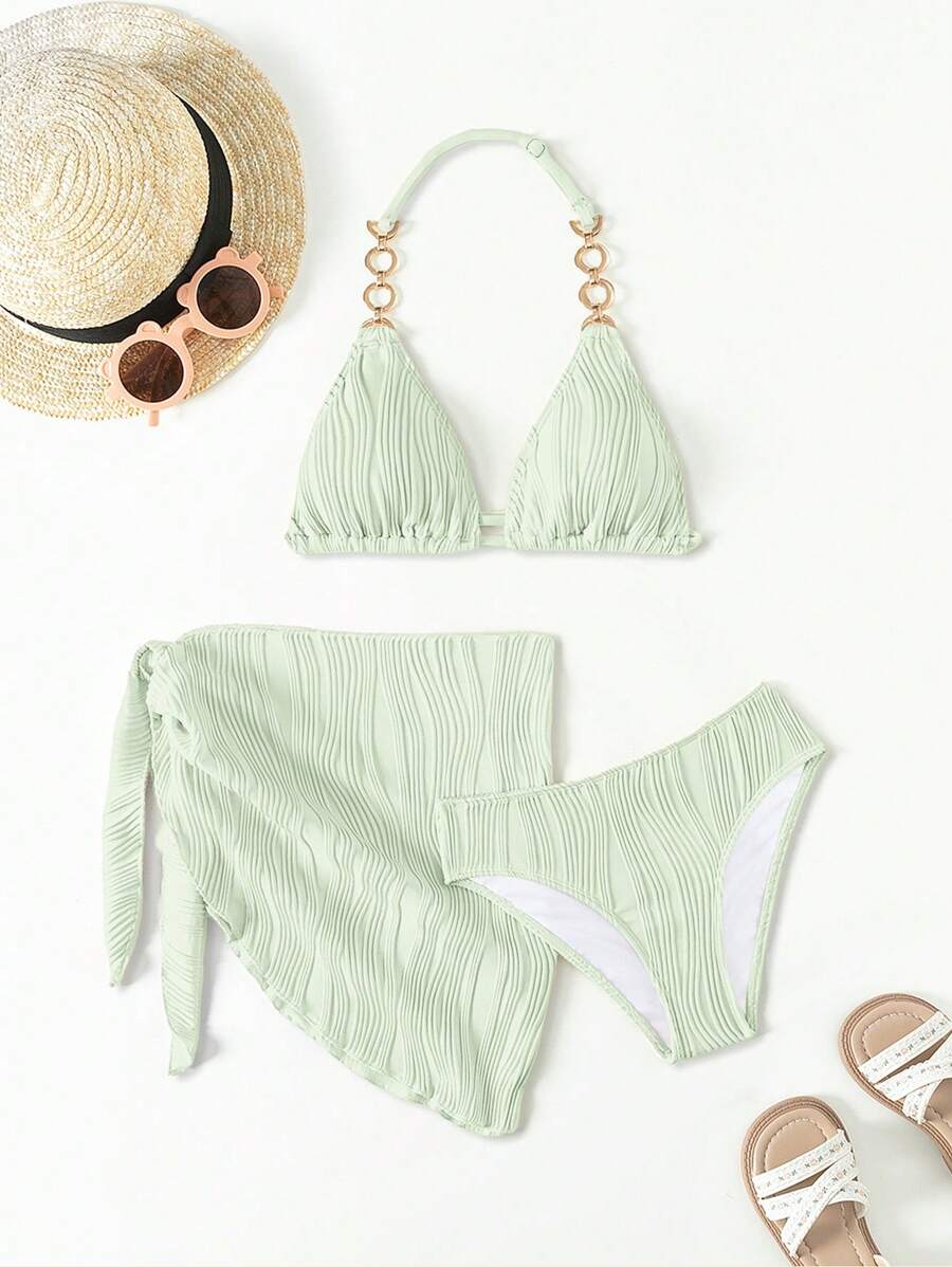 3pcs/Set Teenagers Girls Mint Green Fresh Color Swimsuit With Gold Accessories, Fashionable Vacation Casual Swimwear Set, Mommy And Me Matching Outfits (3 Sets Sold Separately) - Mint Green - View 1