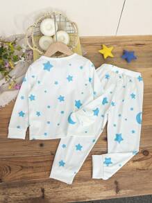 2 Stücke/Set Kleine Mädchen Weich Glatt Baumwolle Strick Stern Mond Muster Weiß Rundhals Lang Ärmel Hose Pyjama Set, Geschwister Kombination