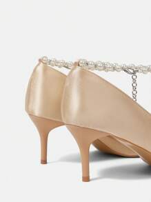 CUCCOO HITCHD Zomer Nieuwe Damesschoenen Parel & Strass Hanger Ketting Enkelbandje Puntige Teen Stiletto Kitten Heels, Elegante Intellectuele Klassieke Romantische Glamour Elegante Champagne Gouden Satijnen Bruidsjurk Bruiloft Feestjurk Pumps