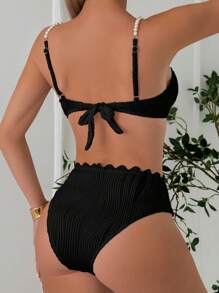 Women's Summer Beach Faux Pearl Decorated Shoulder Strap Sexy Bikini Set