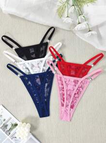 SHEIN 5pcs/Set Women Lace Floral Sexy Comfortable Thong Panties - Multicolor - View 2