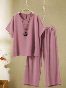 Plus Size Vacation Casual Solid Color Batwing Sleeve Shirt And Pants 2pcs Set - Dusty Pink - View 1