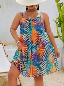 Swim Lushoire Plus Size Women Tropical Plant Print Slip Dress Coverup For Summer Beach Vacation