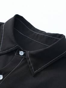 Claim Dot Men's Casual Contrast Stitching Shirt & Shorts Set, Summer - Black - View 6