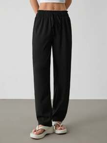 SHEIN PETITE 净色休闲纸袋腰结前裤 - 黑色 - 查看 7