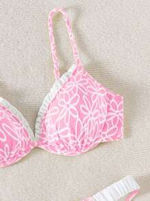 Swim Mod Springbreak Yellow Floral Textured Fabric Wire-Free Women 2pcs Swimsuit Set, Beach Holiday Bikini, Triangle High Waist Ruffled Swimming Pants, Sweet Casual Pool Party Swimwear For Summer Beach Vacation - Pink - View 5