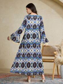 Al Najma Vestido de mujer con diseño de botones y manga acampanada con estampado floral, estilo vacacional - Azul - Ver 5