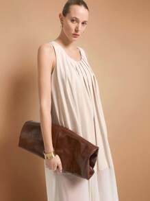 Ontre 2025 Women Solid Color Pleated Round Neck Sleeveless Casual Dress