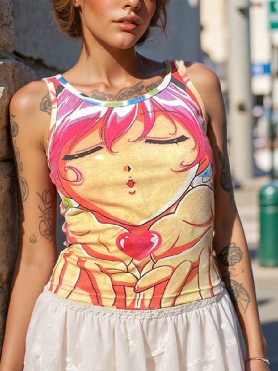 INAWLY 时尚街头可爱动漫人物心形印花女式背心