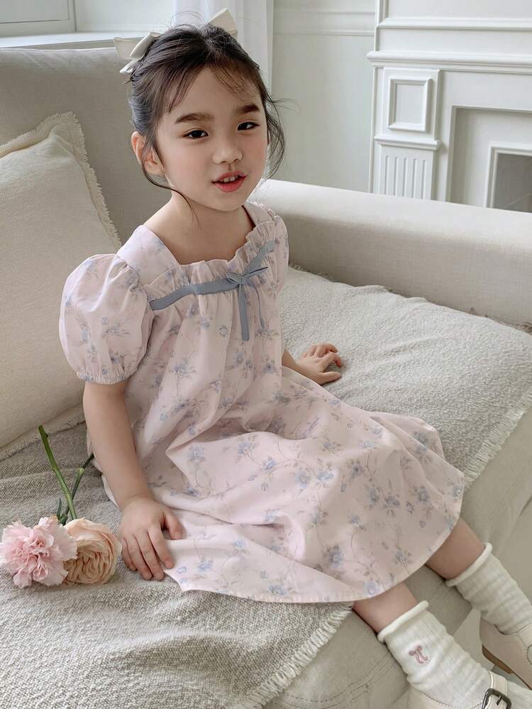 Young Girl Floral Print Ruffle Hem Puff Sleeve Cute Dress,Girls Summer Outfits