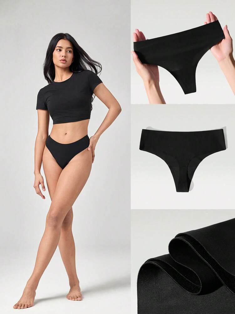 2 Packs Lightweight Breathable Sweat-Wicking Medium-Waist Seamless No-Show Thong Underwear Daily Workout