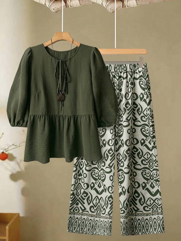 Linhara Women Plus Size Solid Color Front Bow Blouse & Floral Print Wide Leg Pants Casual 2 Pieces Set