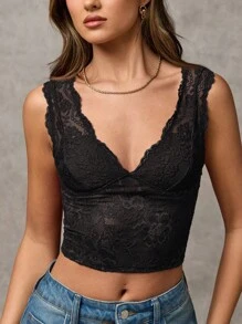 SHEIN BAE Top halter con escote en V, encaje floral y ajustado para mujer