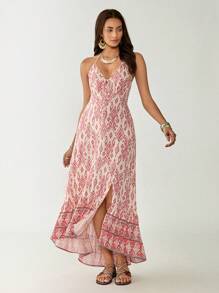 Florisole 波西米亚风女式 V 领花卉印花休闲连衣裙 - 粉色 - 查看 4