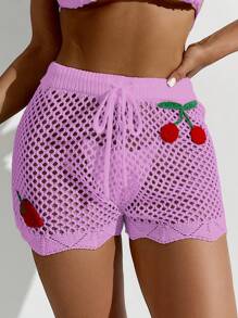 SHEIN Swim 女士节日樱桃装饰镂空罩衫（带短裤） - 淡紫色 - 查看 5