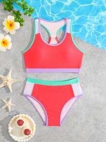 SHEIN Tween Girl Contrast Trim Bikini Set, For Vacation - Watermelon Pink - View 1