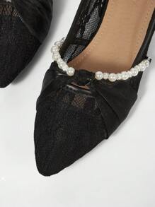 CUCCOO HITCHD 女式夏季新款珍珠链丝带扭纹镂空蕾丝设计尖头平底优雅舒适黑色蕾丝网眼芭蕾平底鞋，适合婚礼、伴娘、新娘、休闲下午茶、约会 - 黑色 - 查看 14