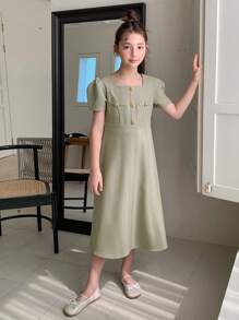 DAZY 青少年女孩方领编织短袖连衣裙，夏季，返校服装 - 綠色 - 查看 3