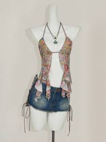 SHEIN ICON Women's Backless Halter Casual Top With Side Slit & Cashew Print - Multicolor - View 6