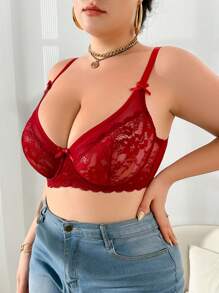 Plus Size Lace Contrast Mesh Underwire Lingerie Bra