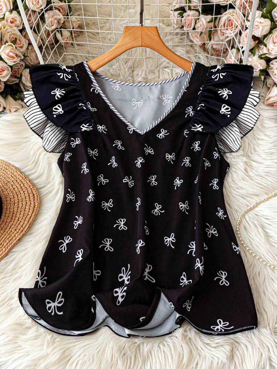 SHEIN LUNE Áo sơ mi tay lửng kẻ sọc nơ thắt nút thường ngày cho kỳ nghỉ cỡ lớn Ngày của mẹ Mùa hè Đơn giản & Thời trang Boho - Đen và trắng - Xem 1