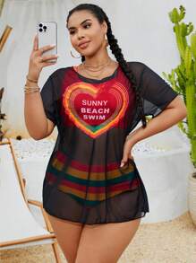 Slaydiva Plus Size Women's 3 Piece Set Patterned Sheer Cover Up, Adjustable Strap Top And High Waisted Bottoms Swimsuit For Summer Beach Vacation - Multicolor - View 5