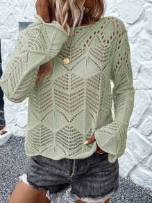 SHEIN LUNE Damen einfarbiger Pullover mit Hohlmuster, Langarm, lässiger Rundhalsausschnitt, Strickpullover für Herbst und Winter