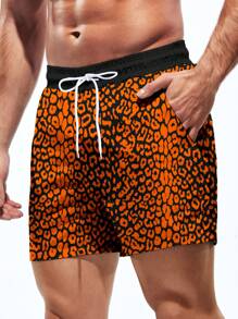 Surfspeed Men's Leopard Print Drawstring Waist Beach Shorts - Orange - View 5