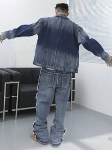 Manfinity EMRG Plus Size Men's Distressed Denim Jacket And Pants Casual Jeans Set, Fall Clothes - Blue - View 2