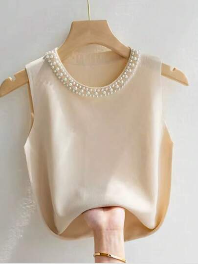 SHEIN 大码女式纯色仿珍珠针织背心